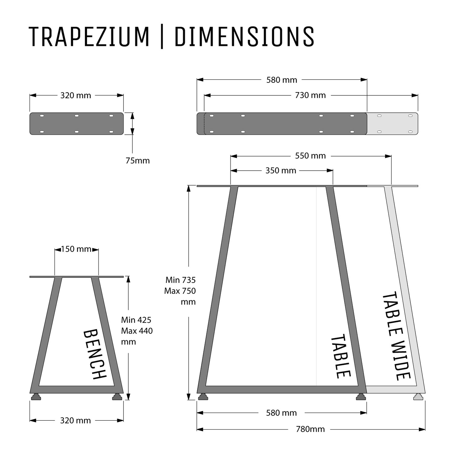 Trapezium Industrial Legs, with Outdoor Hardware Pack | 71cm Table Wide