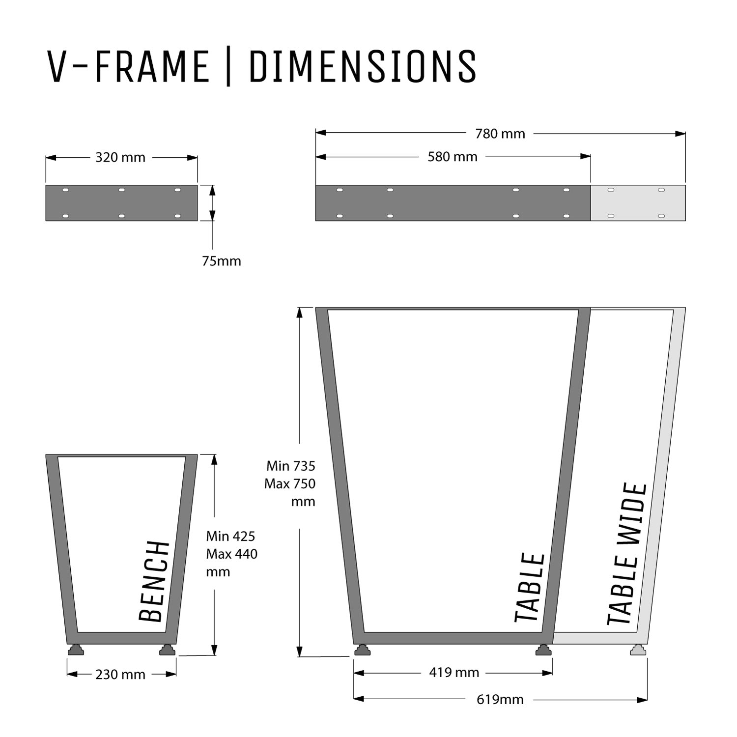 V-Frame Industrial legs, with Outdoor Hardware Pack | 71cm Table