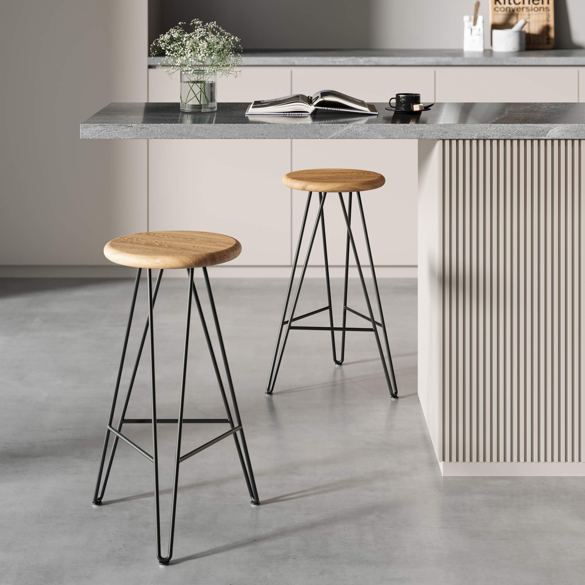 Hairpin Stool, Oak-65cm / 25.5 inch - Kitchen Stool-Black-The Hairpin Leg Co.