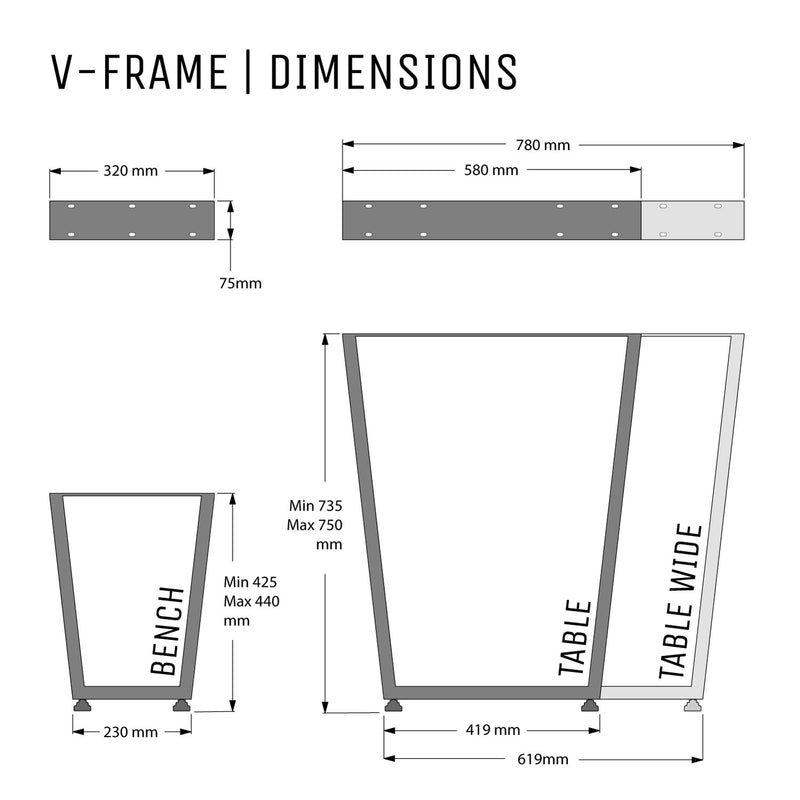 V-Frame Industrial legs, with Outdoor Hardware Pack | 71cm Table